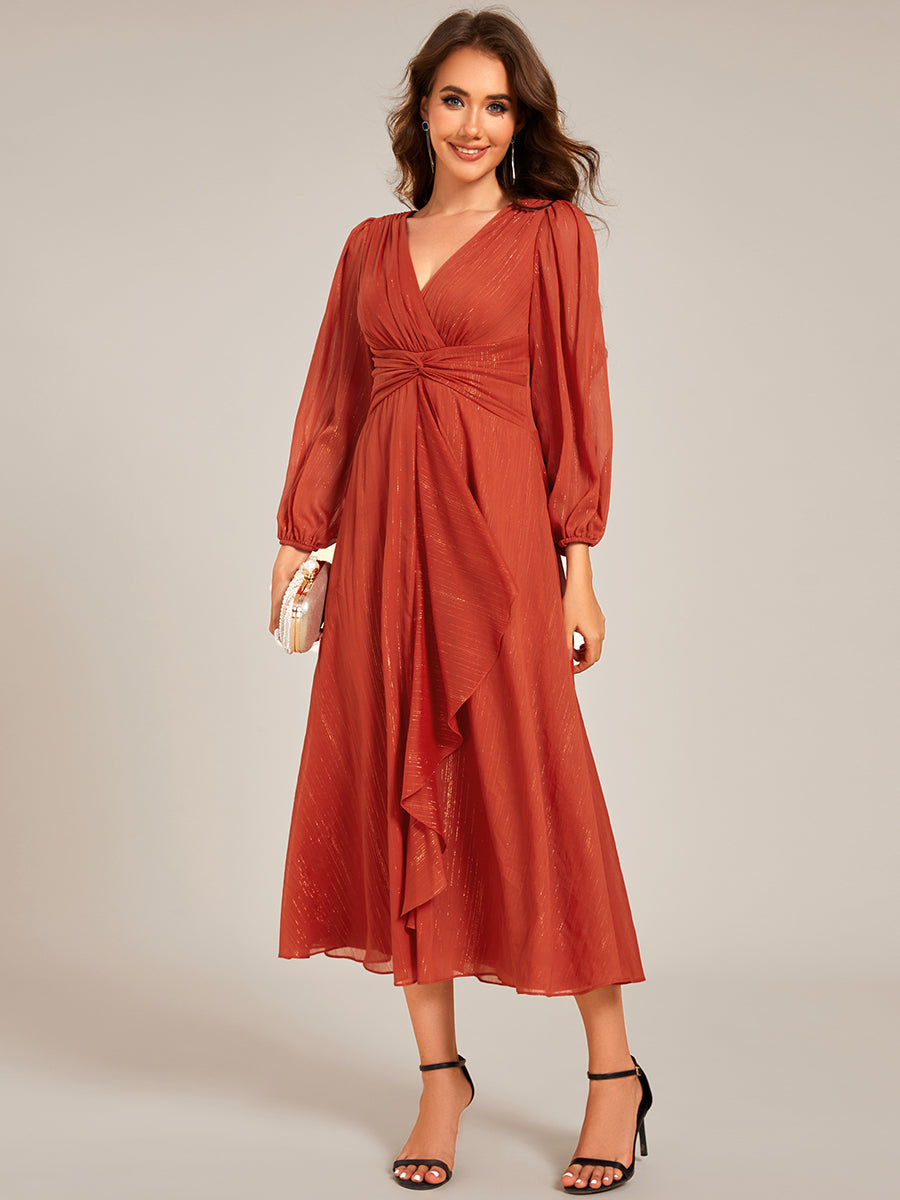 Robe de soirée trapèze scintillante à manches longues et col en V en mousseline de soie avec n?ud torsadé #Couleur_Burnt Orange