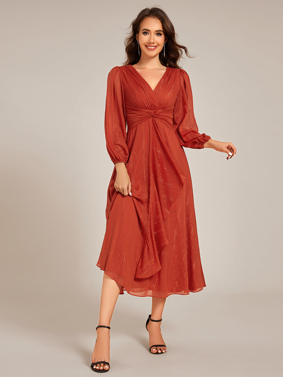 Robe de soirée trapèze scintillante à manches longues et col en V en mousseline de soie avec n?ud torsadé #Couleur_Burnt Orange