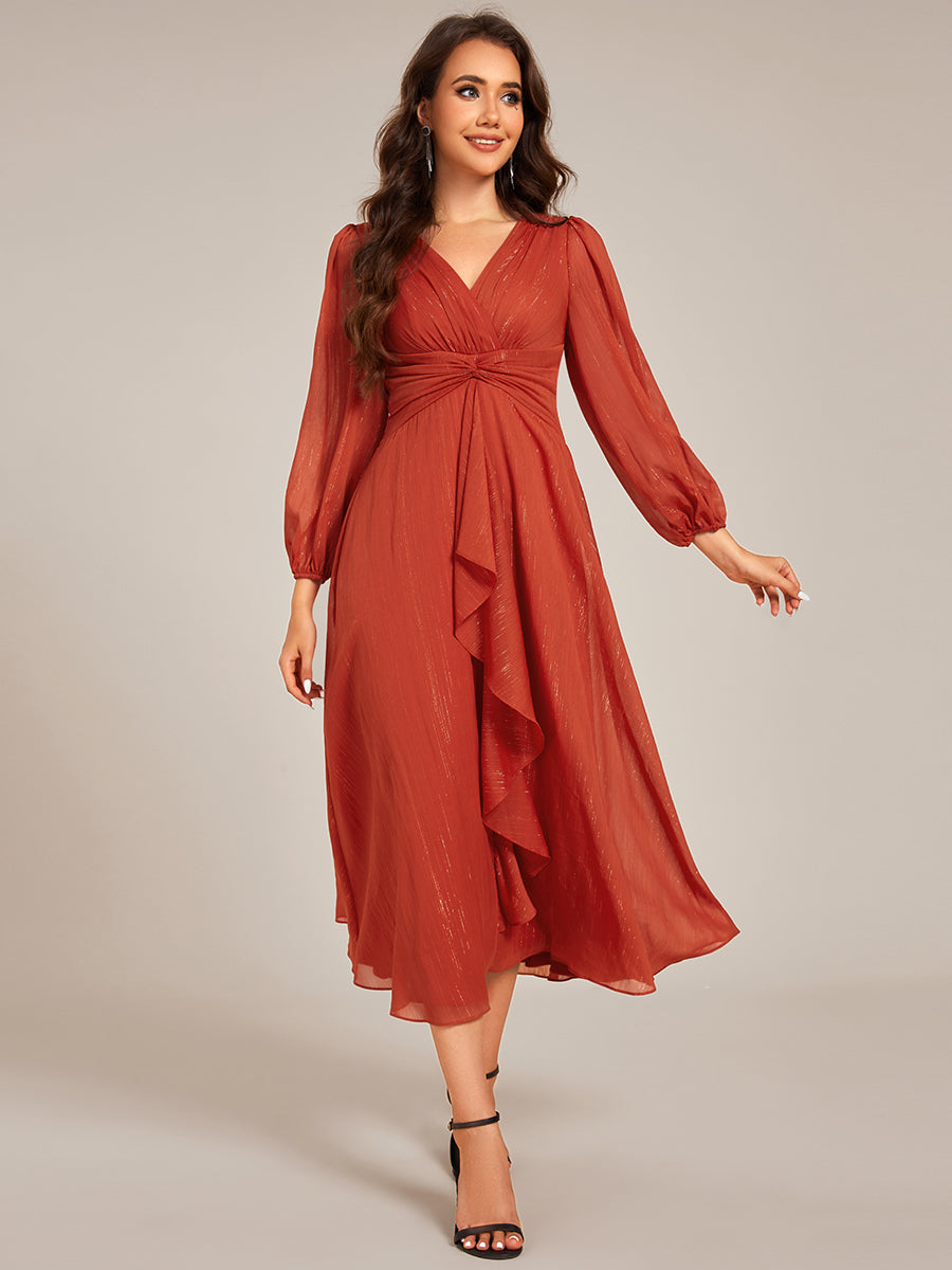 Robe de soirée trapèze scintillante à manches longues et col en V en mousseline de soie avec n?ud torsadé #Couleur_Burnt Orange
