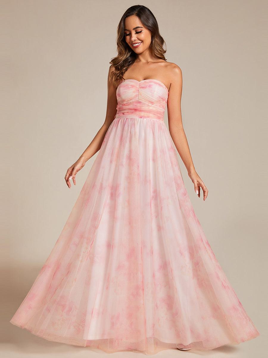 Robe de soirée taille empire florale sans bretelles multidirectionnelle avec plissé #Couleur_Rose