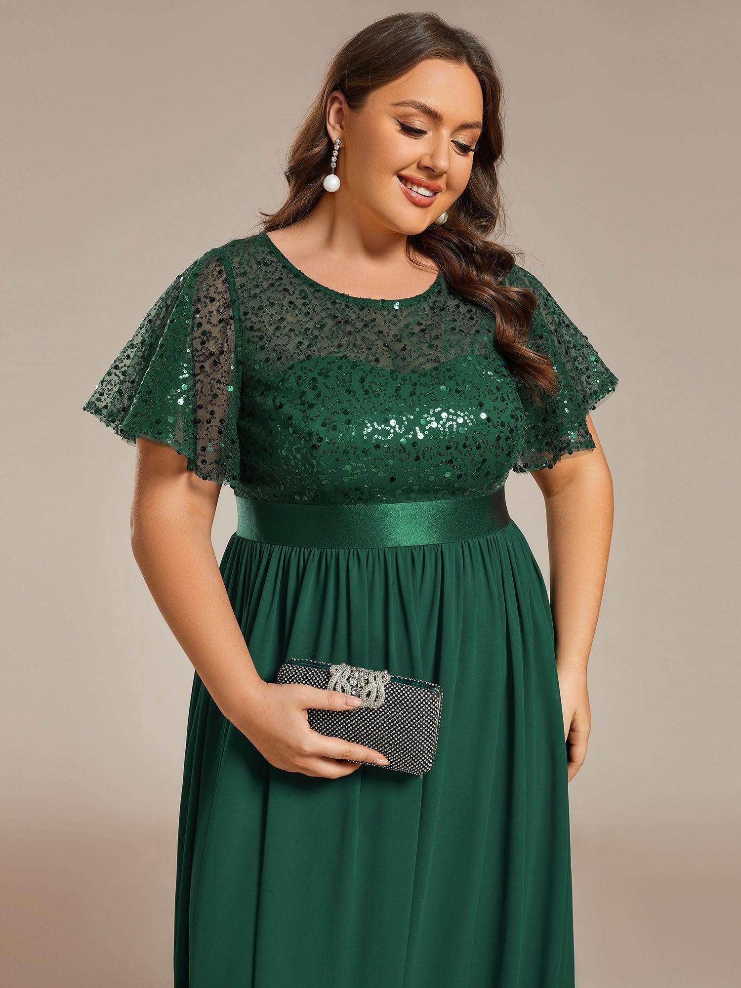 Robe de soirée à manches courtes et col rond à sequins taille haute #Couleur_Vert Fonce