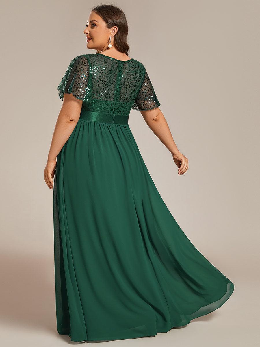 Robe de soirée à manches courtes et col rond à sequins taille haute #Couleur_Vert Fonce