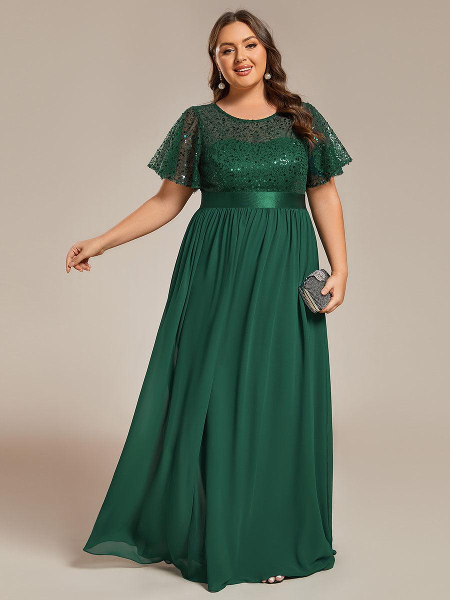 Robe de soirée à manches courtes et col rond à sequins taille haute de grande taille #Couleur_Vert Fonce