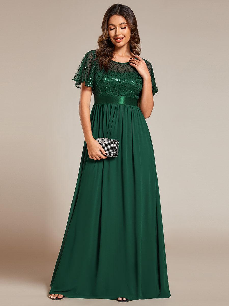 Robe de soirée à manches courtes et col rond à sequins taille haute #Couleur_Vert Fonce