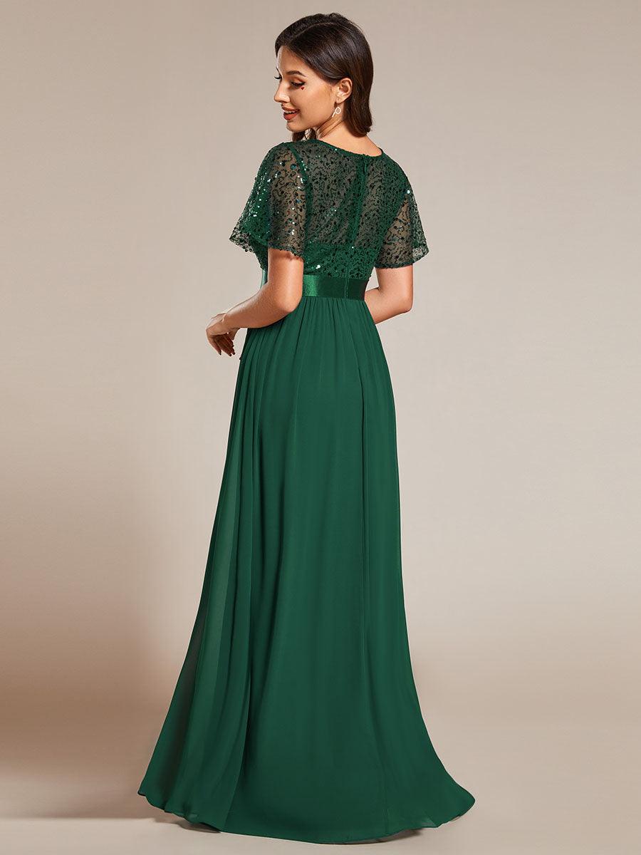 Robe de soirée à manches courtes et col rond à sequins taille haute #Couleur_Vert Fonce