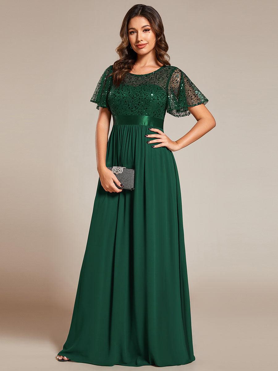 Robe de soirée à manches courtes et col rond à sequins taille haute #Couleur_Vert Fonce