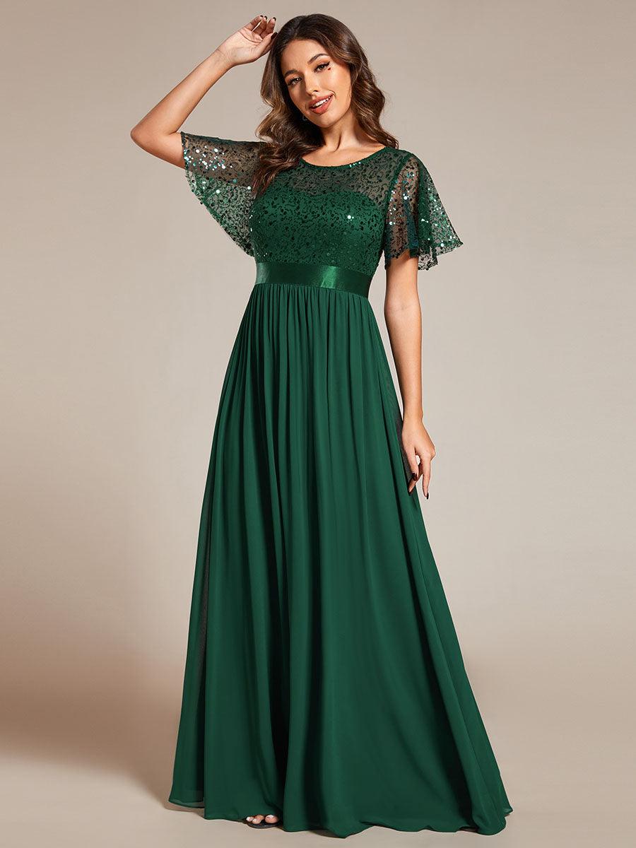 Robe de soirée à manches courtes et col rond à sequins taille haute #Couleur_Vert Fonce