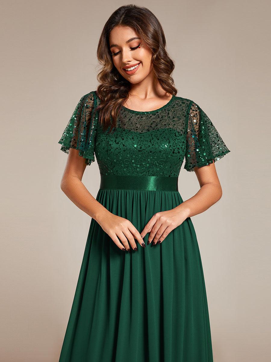 Robe de soirée à manches courtes et col rond à sequins taille haute #Couleur_Vert Fonce