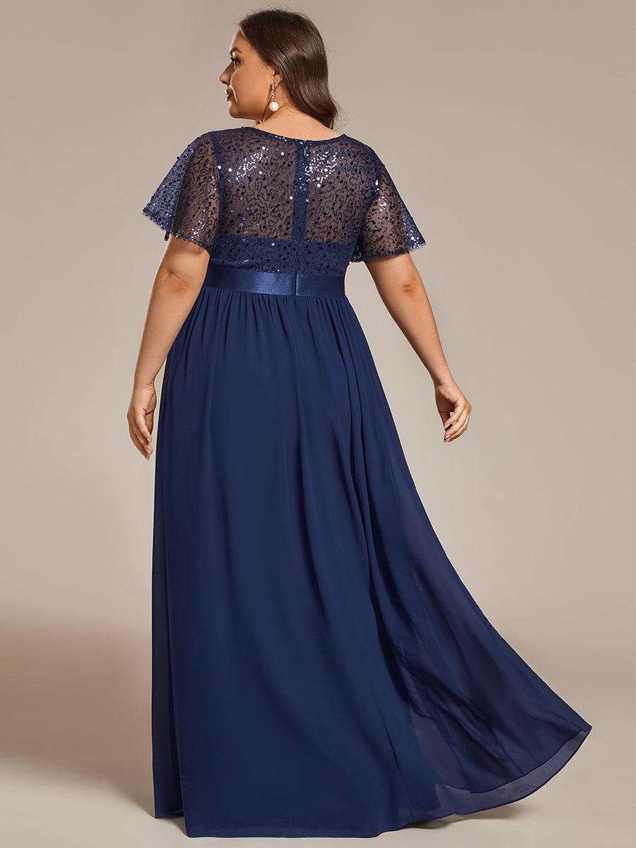 Robe de soirée à manches courtes et col rond à sequins taille haute #Couleur_Bleu Marine