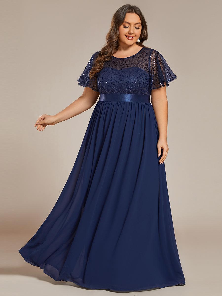 Robe de soirée à manches courtes et col rond à sequins taille haute #Couleur_Bleu Marine