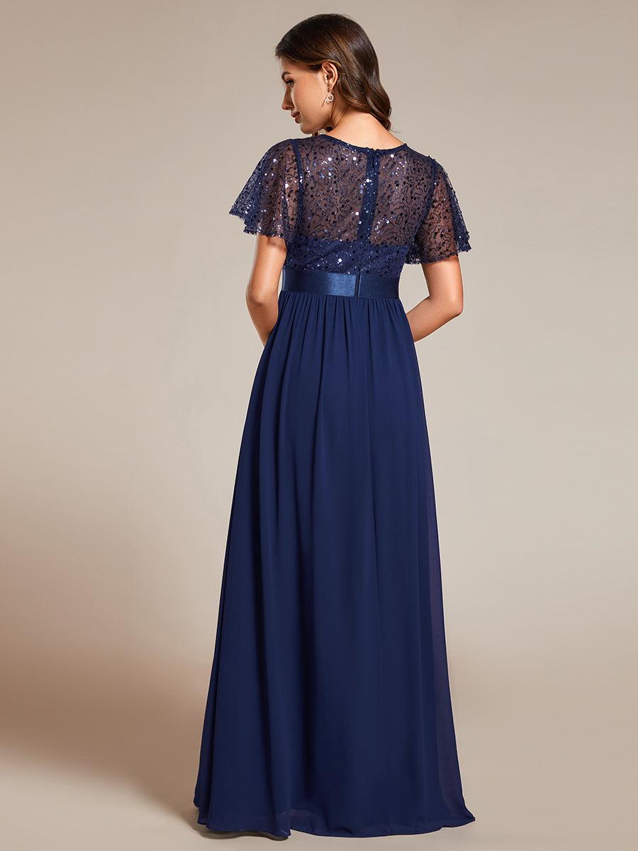 Robe de soirée à manches courtes et col rond à sequins taille haute #Couleur_Bleu Marine