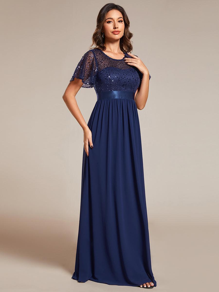 Robe de soirée à manches courtes et col rond à sequins taille haute #Couleur_Bleu Marine