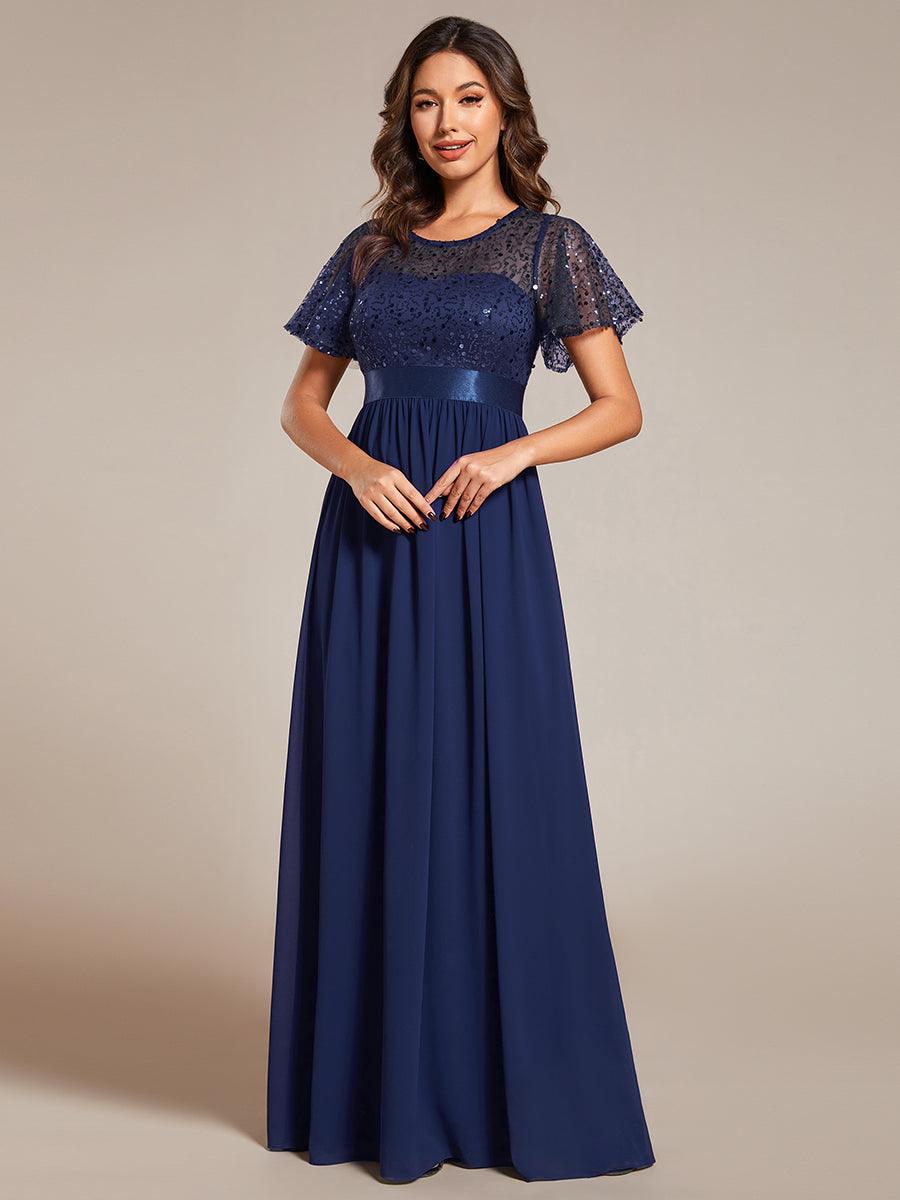 Robe de soirée à manches courtes et col rond à sequins taille haute #Couleur_Bleu Marine