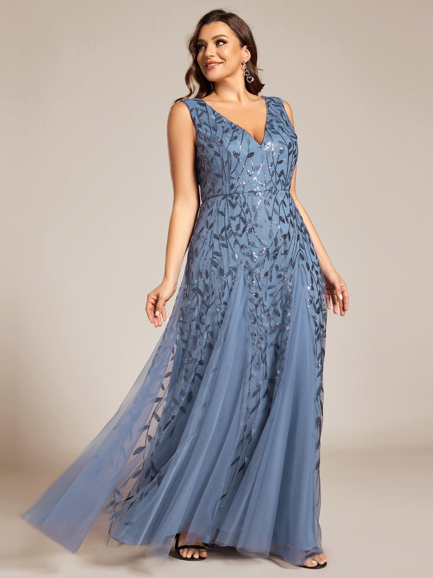 Robes de soirée trapèze pailletées sans manches à col en V de grande taille #Couleur_Marine Fume