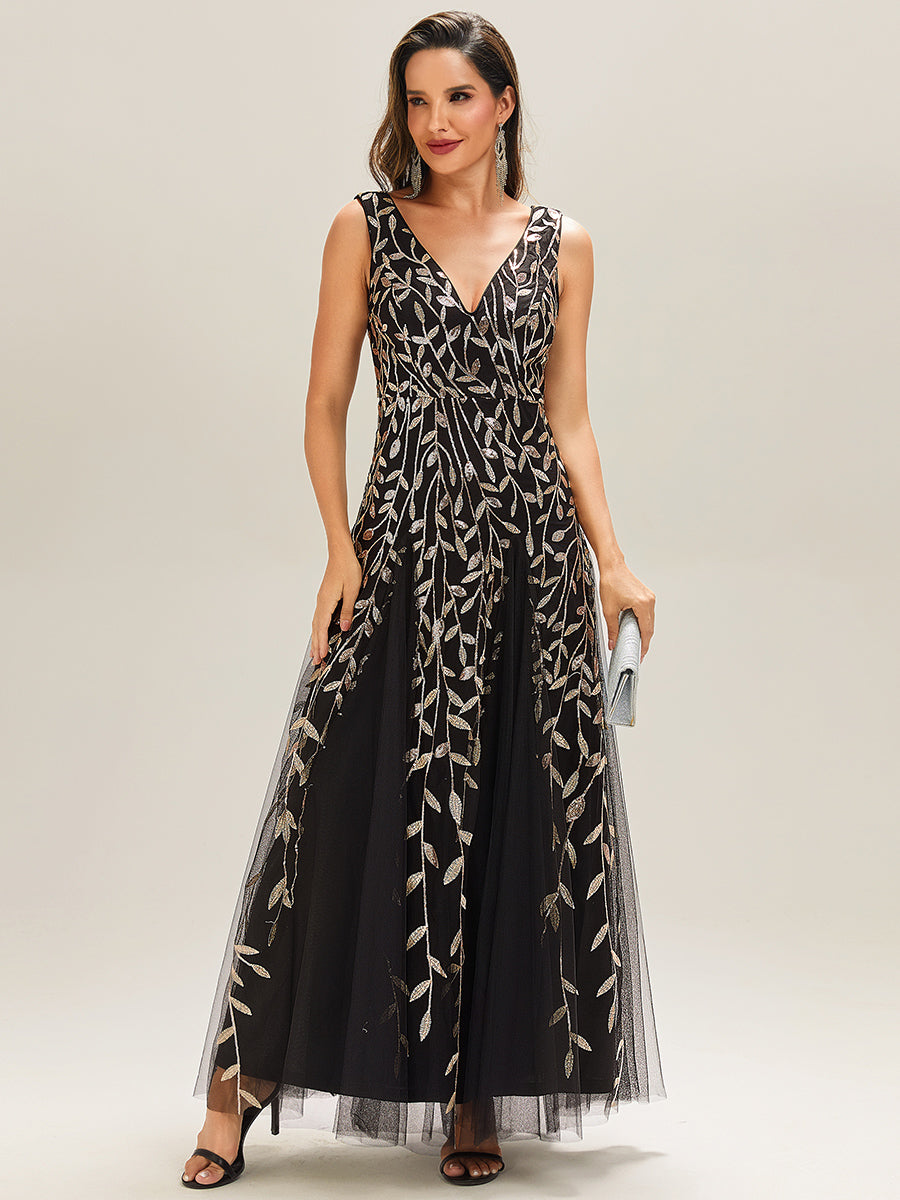 Robes de soirée trapèze pailletées sans manches à col en V #Couleur_Noir & Or