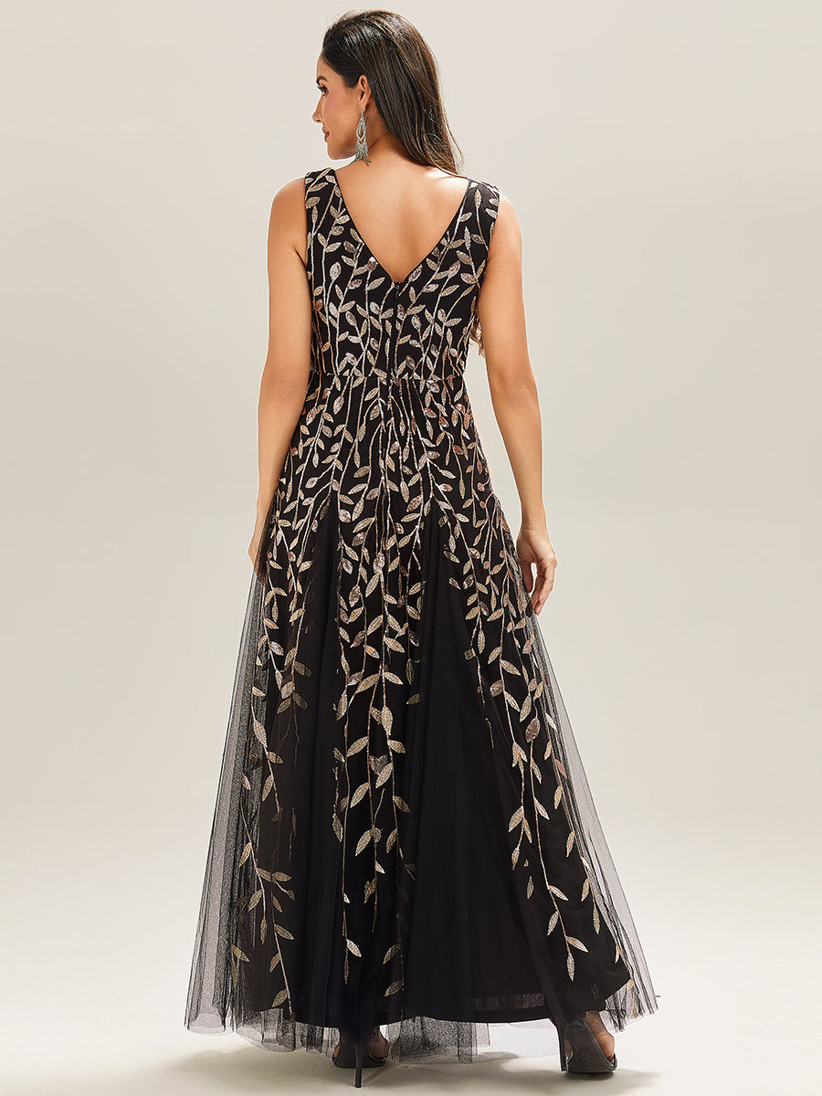 Robes de soirée trapèze pailletées sans manches à col en V #Couleur_Noir & Or