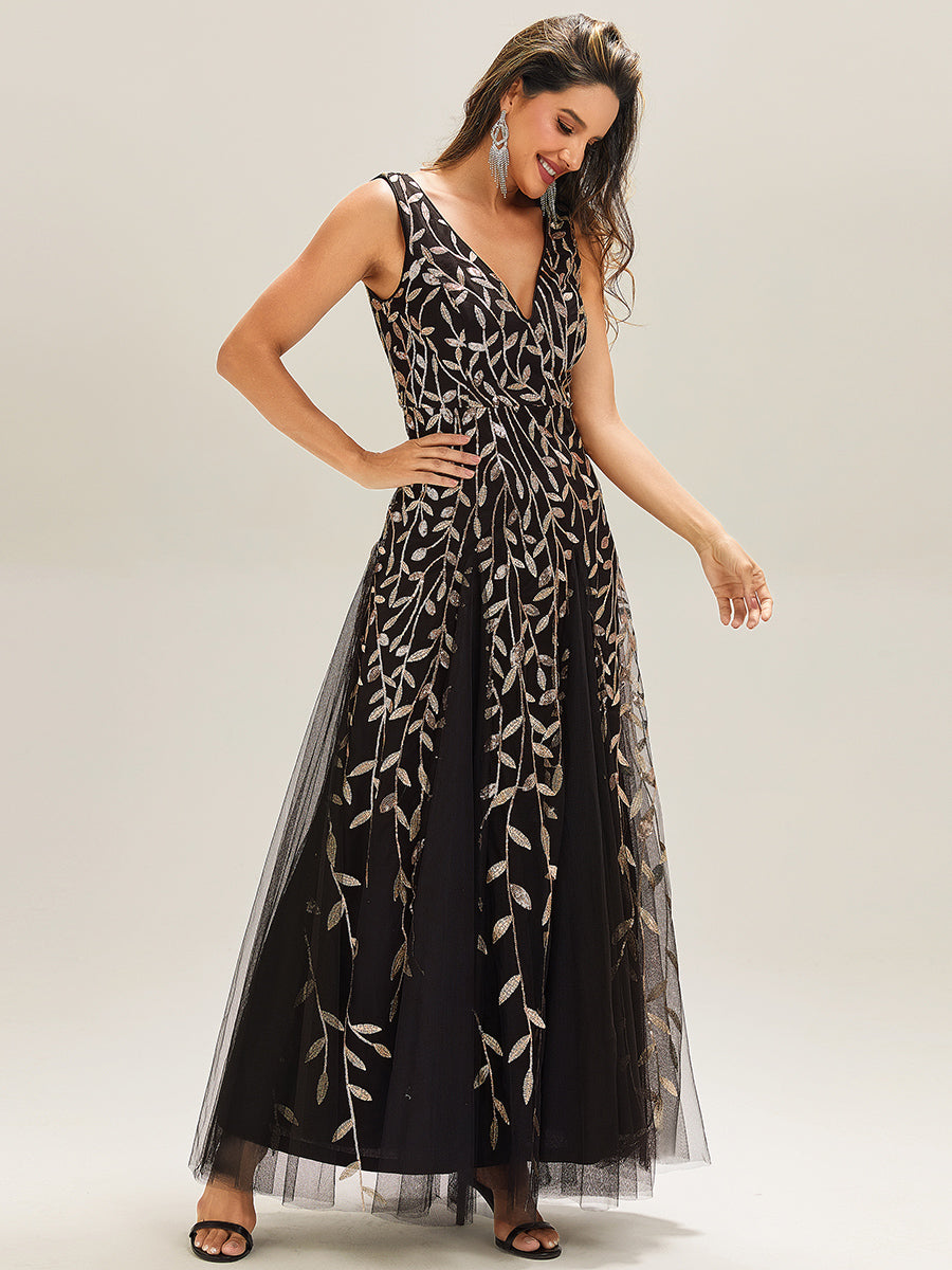 Robes de soirée trapèze pailletées sans manches à col en V #Couleur_Noir & Or