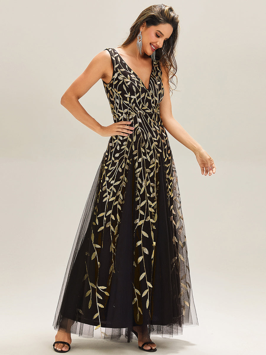 Robes de soirée trapèze pailletées sans manches à col en V #Couleur_Noir & Or