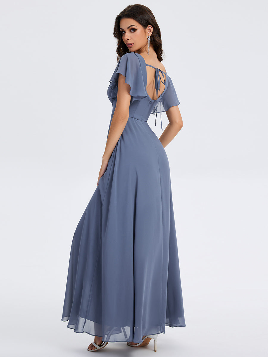 Robe D'invité De Mariage En Mousseline De Soie Mi-Longue Plissée à Manches à Volants Et Col En V #Couleur_Marine Fume
