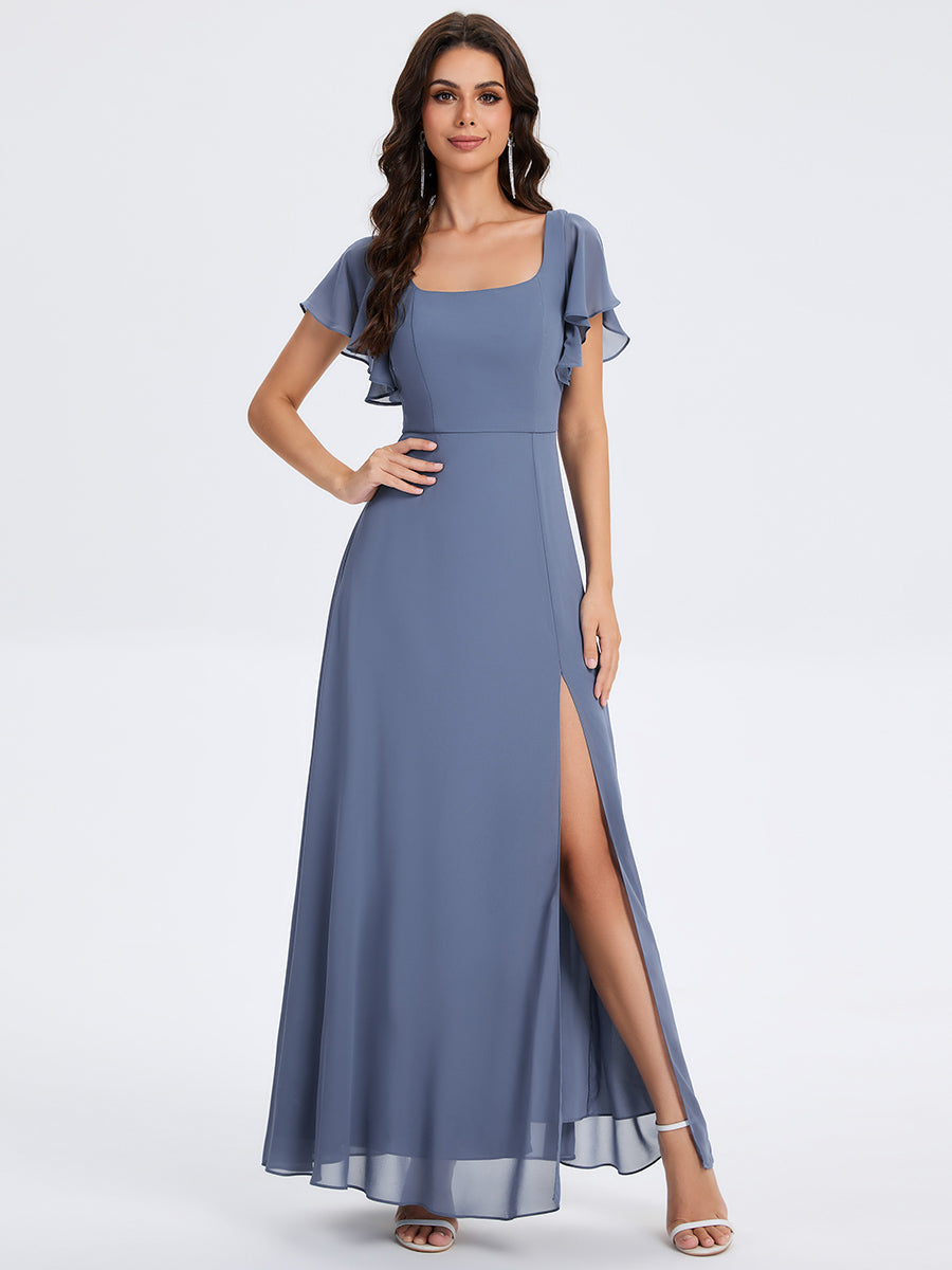 Robe D'invité De Mariage En Mousseline De Soie Mi-Longue Plissée à Manches à Volants Et Col En V #Couleur_Marine Fume