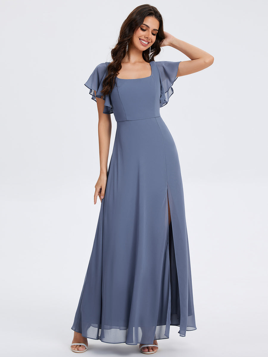 Robe D'invité De Mariage En Mousseline De Soie Mi-Longue Plissée à Manches à Volants Et Col En V #Couleur_Marine Fume