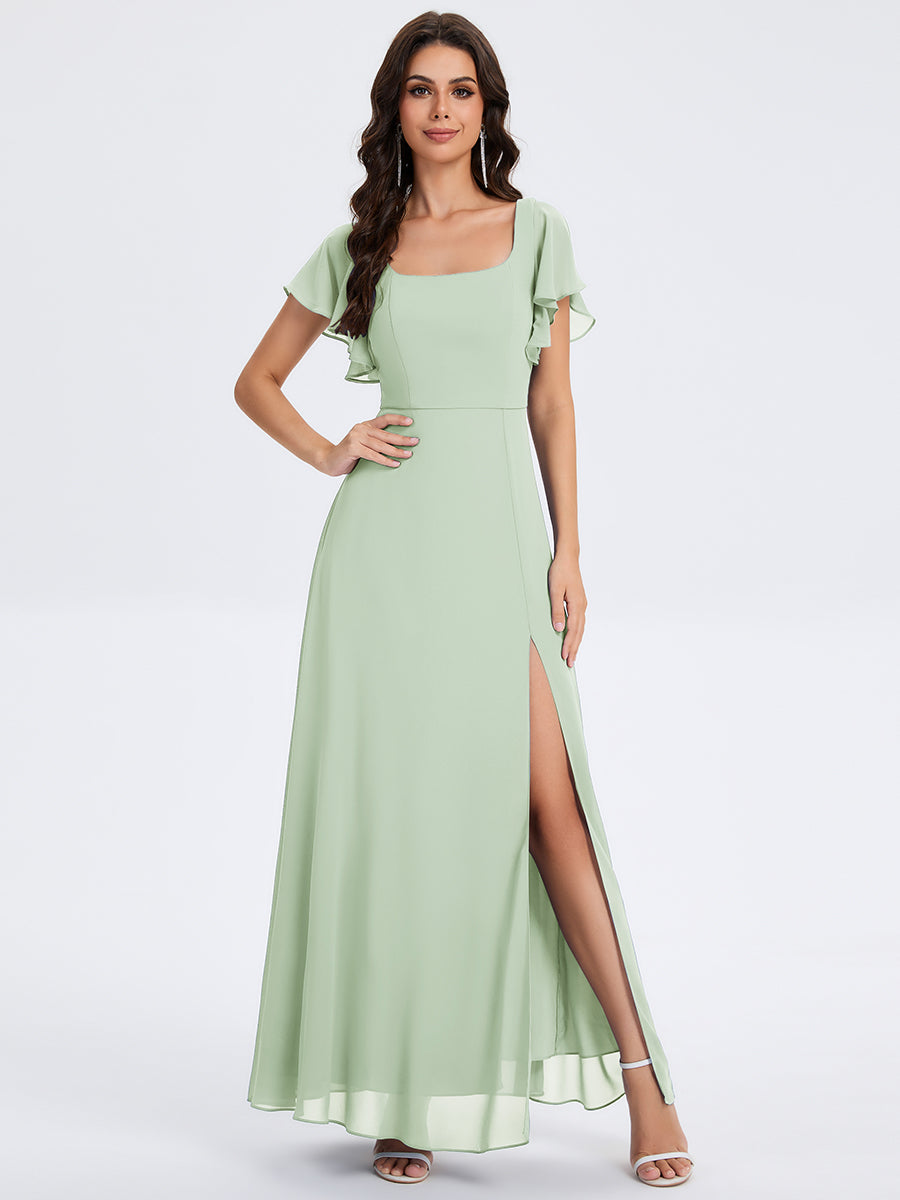 Robe D'invité De Mariage En Mousseline De Soie Mi-Longue Plissée à Manches à Volants Et Col En V #Couleur_Menthe Verte