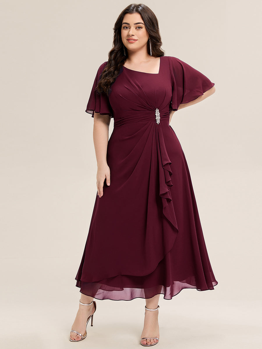 Robe de soirée mi-longue en mousseline de soie à manches courtes #Couleur_Bordeaux