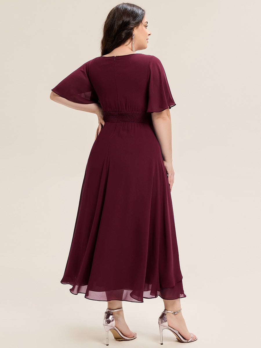 Robe de soirée mi-longue en mousseline de soie à manches courtes #Couleur_Bordeaux
