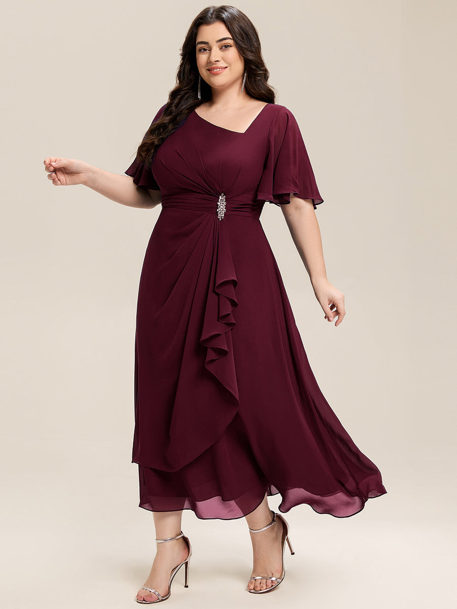 Robe de soirée mi-longue en mousseline de soie à manches courtes #Couleur_Bordeaux