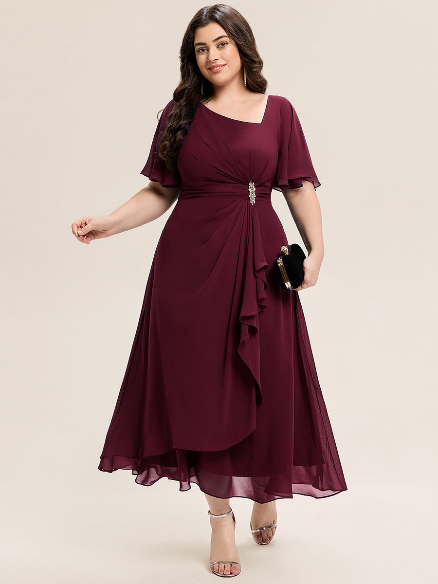 Robe de soirée mi-longue en mousseline de soie à manches courtes #Couleur_Bordeaux