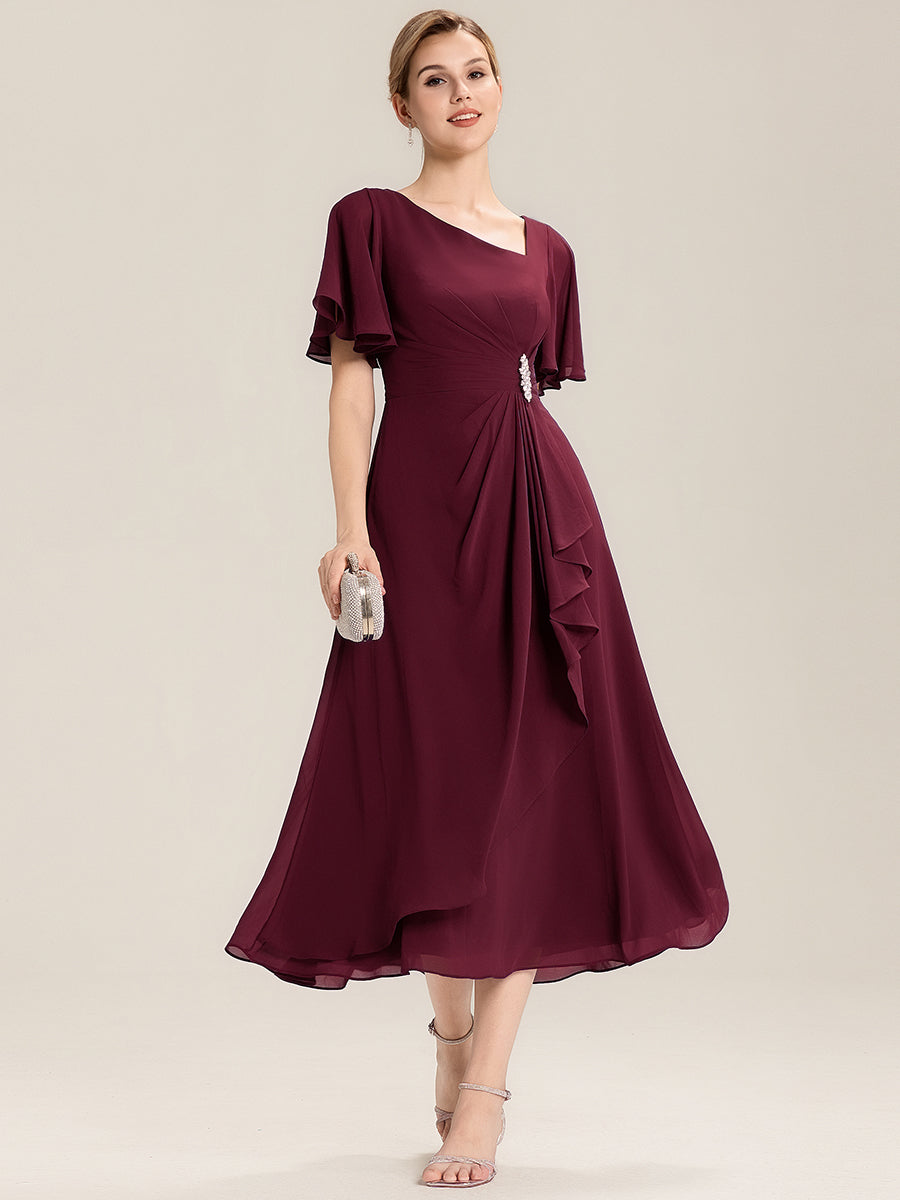 Robe de soirée mi-longue en mousseline de soie à manches courtes #Couleur_Bordeaux