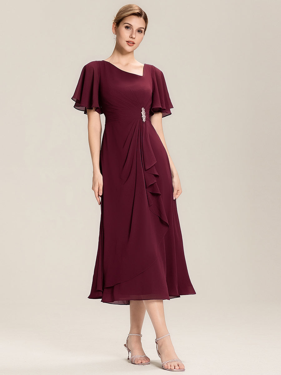 Robe de soirée mi-longue en mousseline de soie à manches courtes #Couleur_Bordeaux