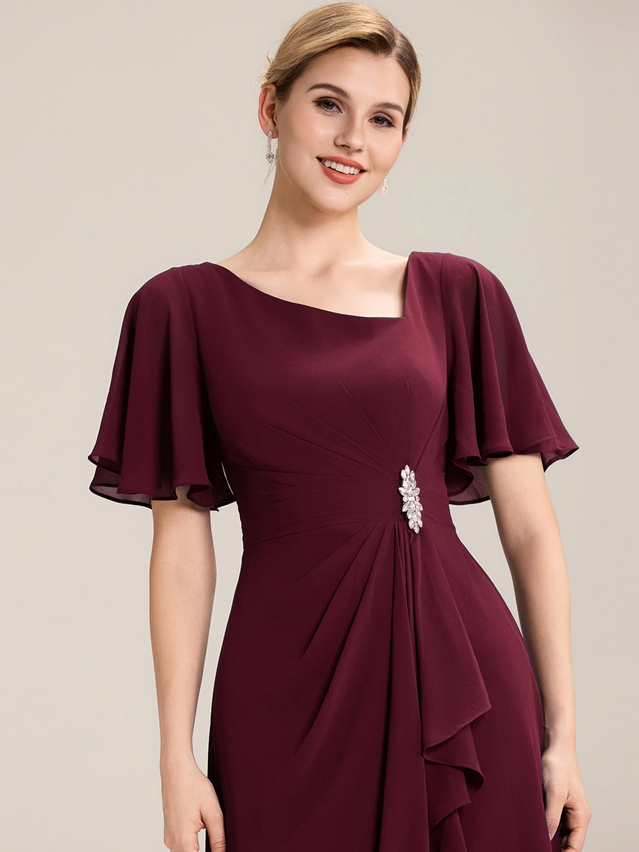 Robe de soirée mi-longue en mousseline de soie à manches courtes #Couleur_Bordeaux