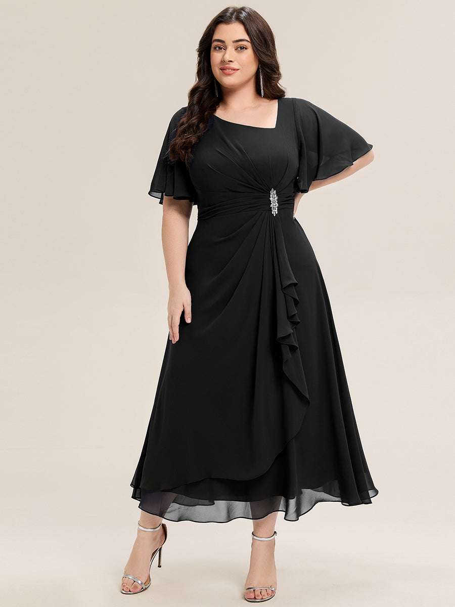 Robe de soirée mi-longue en mousseline de soie à manches courtes #Couleur_Noir