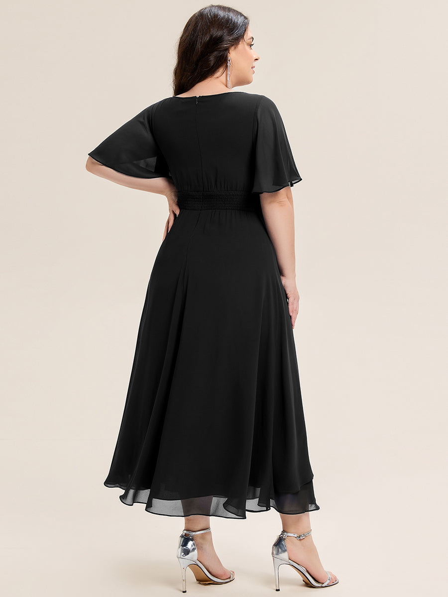 Robe de soirée mi-longue en mousseline de soie à manches courtes #Couleur_Noir