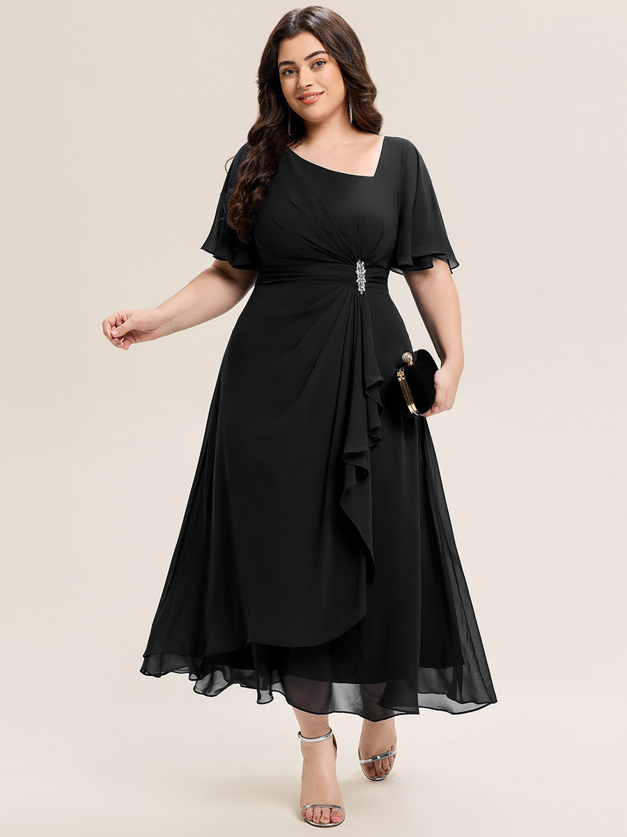 Robe de soirée mi-longue en mousseline de soie à manches courtes #Couleur_Noir