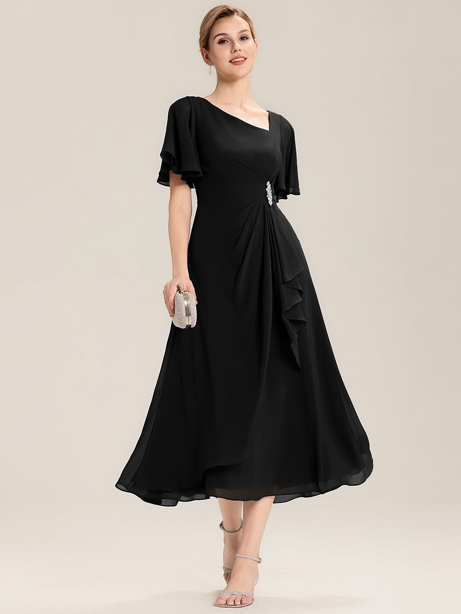 Robe de soirée mi-longue en mousseline de soie à manches courtes #Couleur_Noir