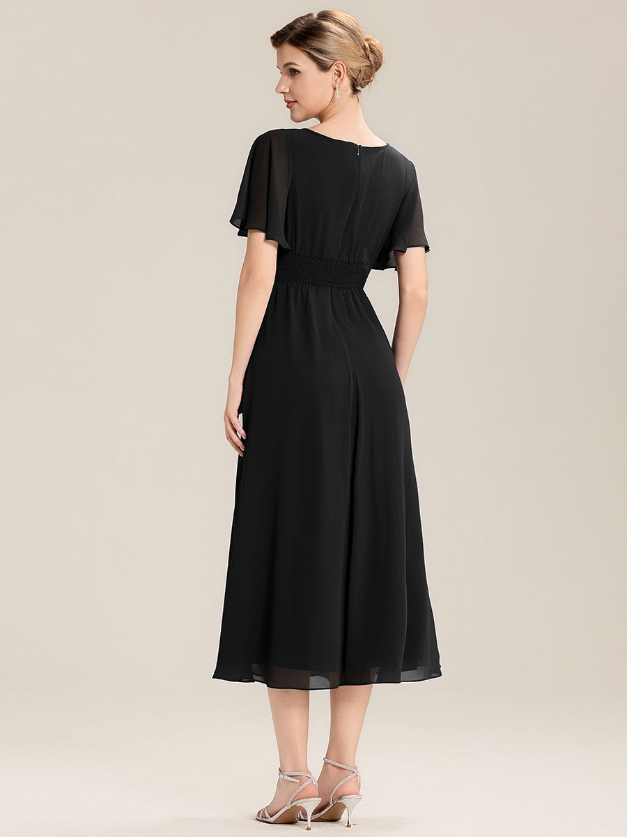 Robe de soirée mi-longue en mousseline de soie à manches courtes #Couleur_Noir