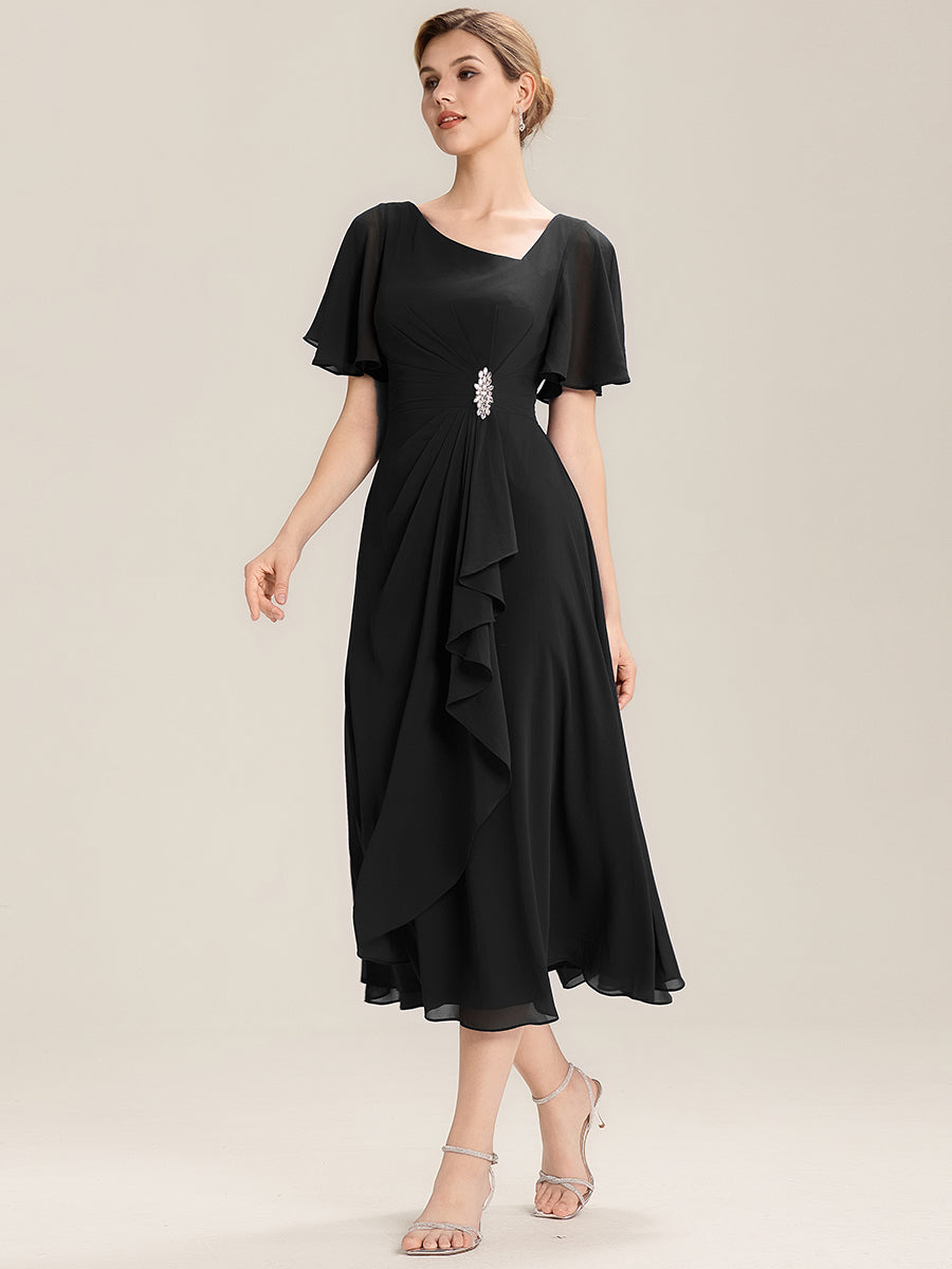 Robe de soirée mi-longue en mousseline de soie à manches courtes #Couleur_Noir