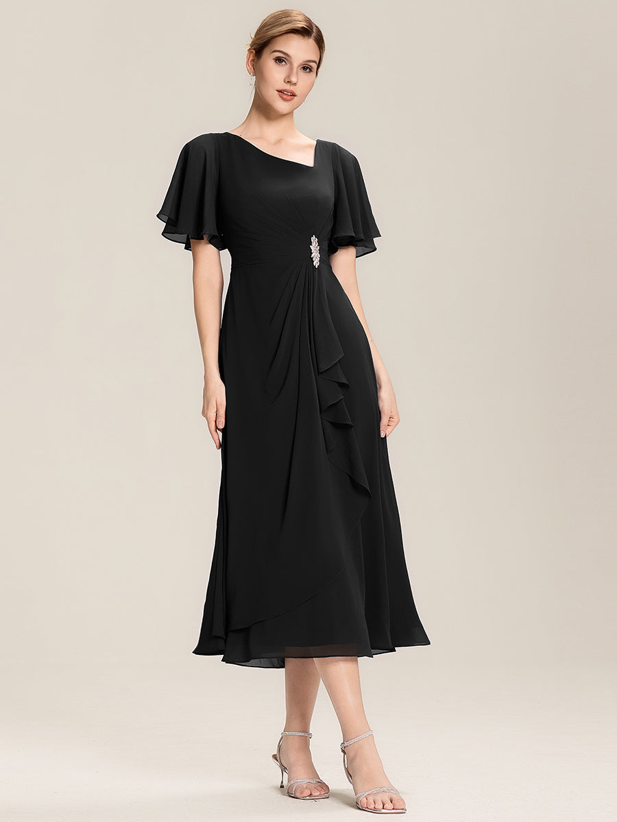 Robe de soirée mi-longue en mousseline de soie à manches courtes #Couleur_Noir