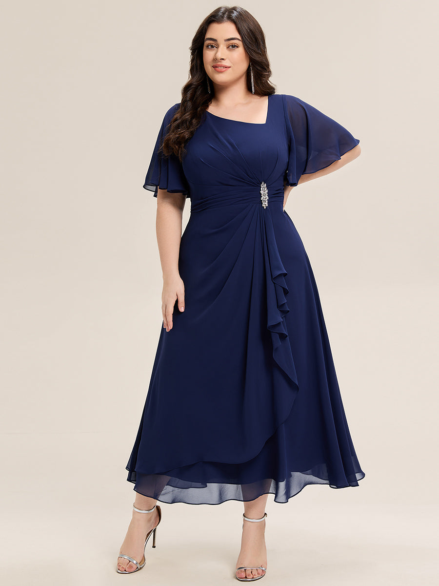 Robe de soirée mi-longue en mousseline de soie à manches courtes #Couleur_Bleu Marine