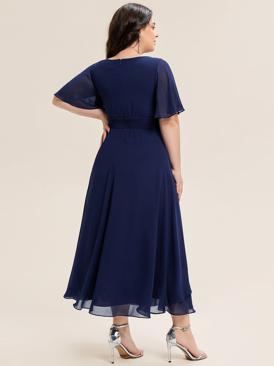 Robe de soirée mi-longue en mousseline de soie à manches courtes #Couleur_Bleu Marine