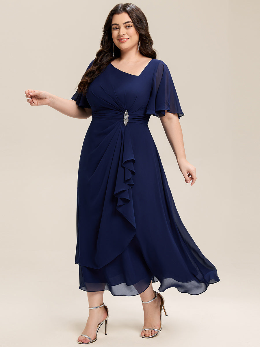 Robe de soirée mi-longue en mousseline de soie à manches courtes #Couleur_Bleu Marine