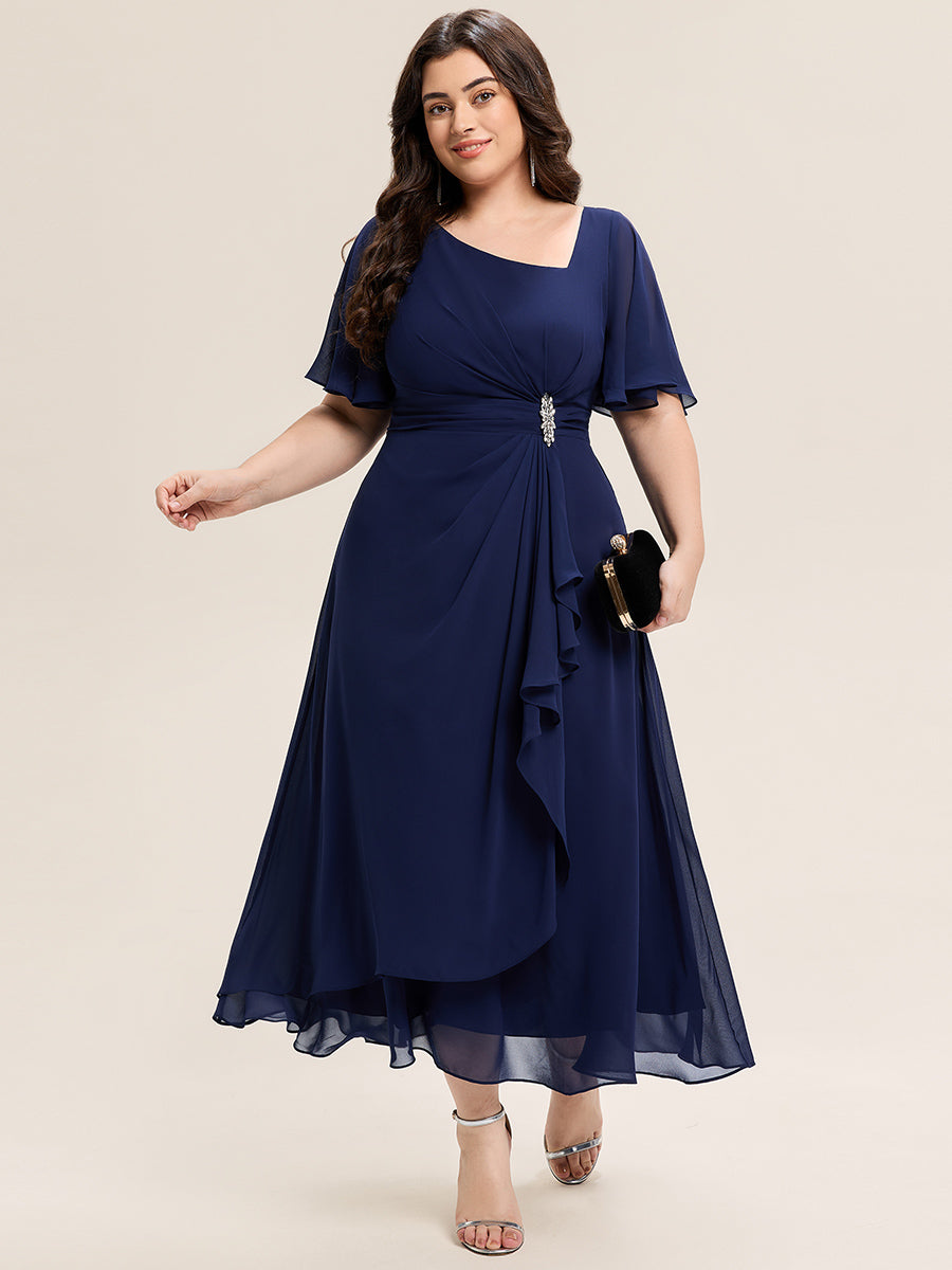 Robe de soirée mi-longue en mousseline de soie à manches courtes #Couleur_Bleu Marine