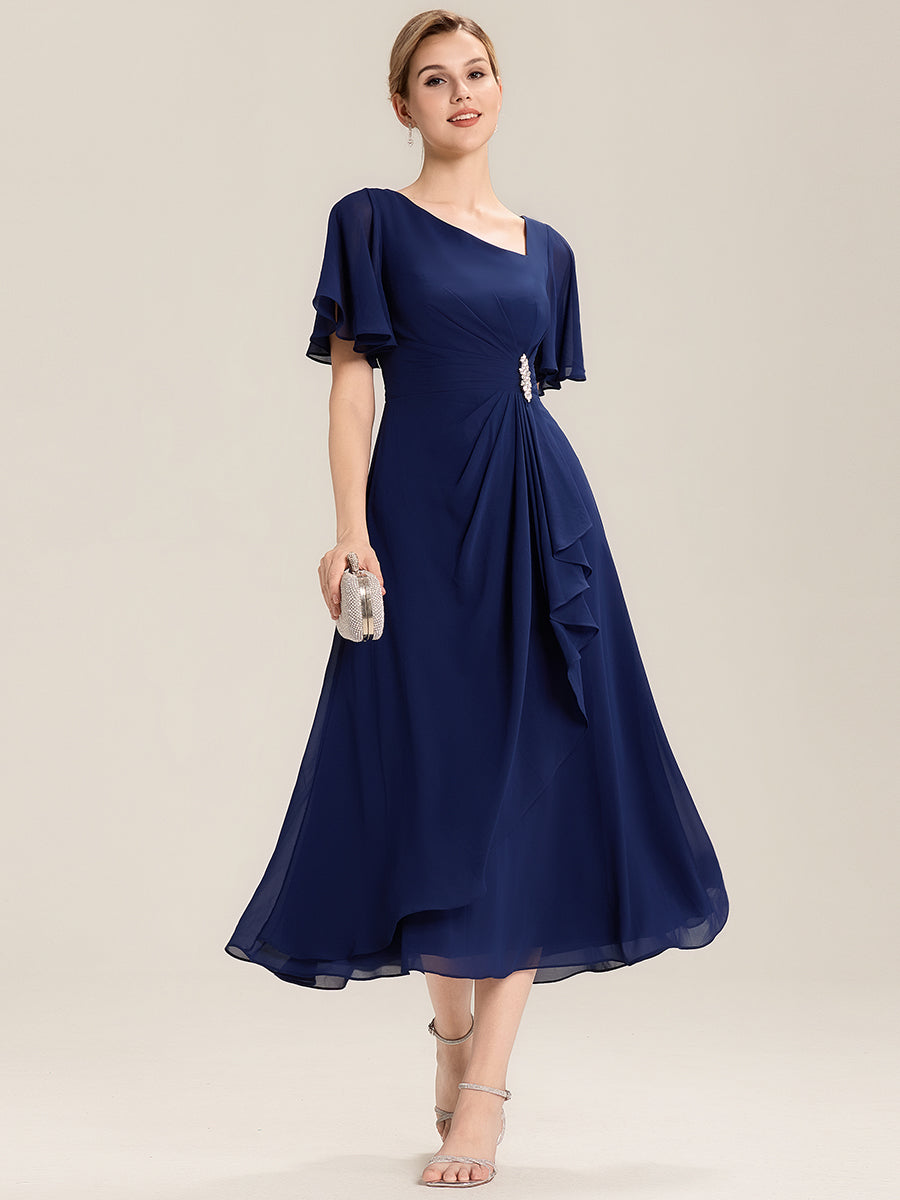 Robe de soirée mi-longue en mousseline de soie à manches courtes #Couleur_Bleu Marine