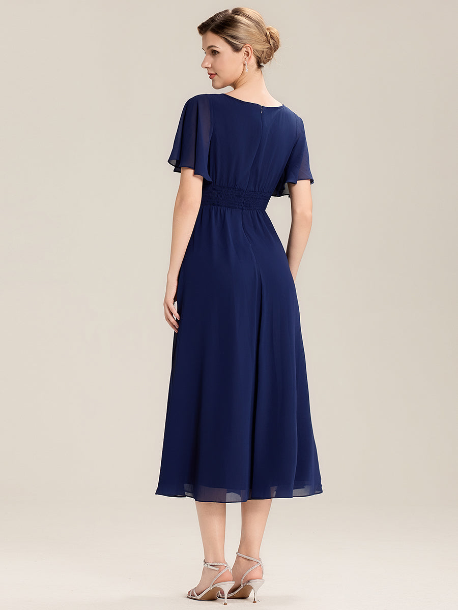 Robe de soirée mi-longue en mousseline de soie à manches courtes #Couleur_Bleu Marine