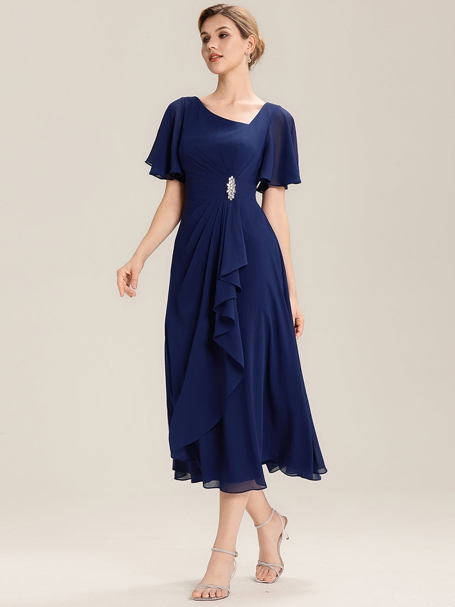 Robe de soirée mi-longue en mousseline de soie à manches courtes #Couleur_Bleu Marine