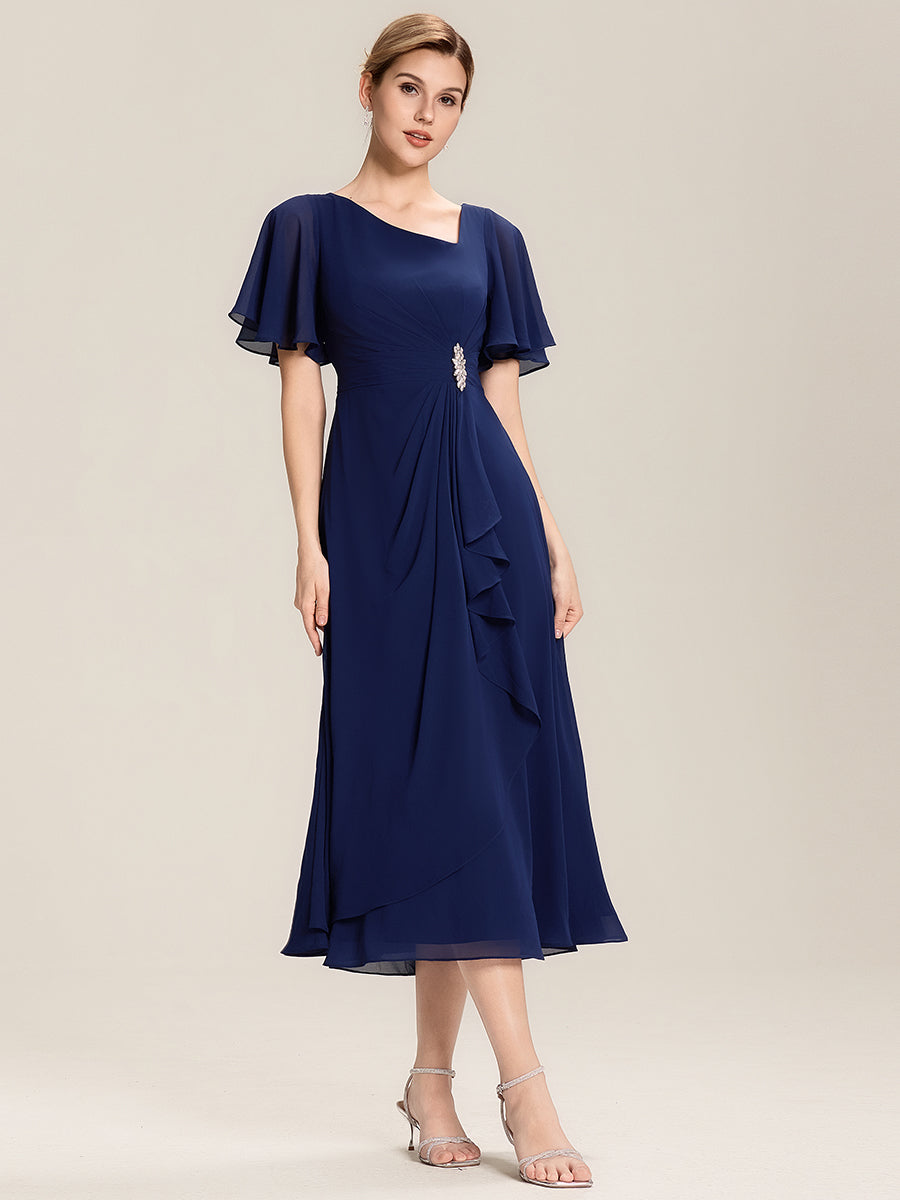 Robe de soirée mi-longue en mousseline de soie à manches courtes #Couleur_Bleu Marine