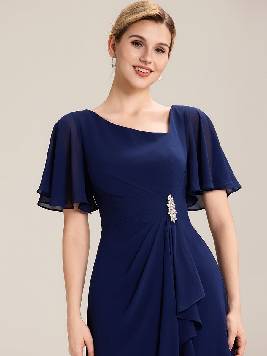 Robe de soirée mi-longue en mousseline de soie à manches courtes #Couleur_Bleu Marine