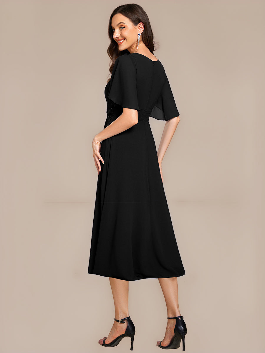 Robe de mariée trapèze à manches courtes avec appliqués plissés #Couleur_Noir